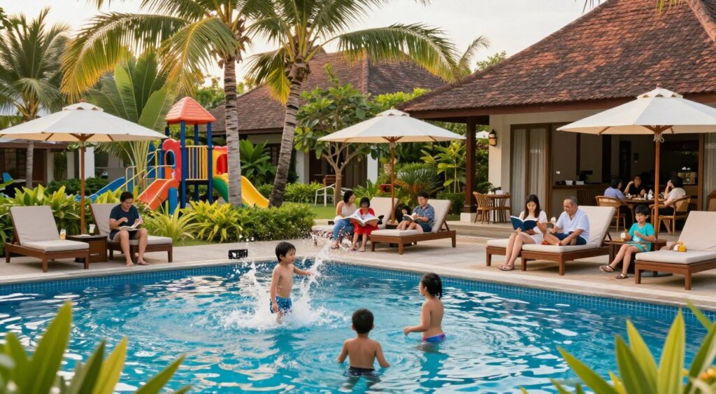 A vibrant family-friendly resort scene at Ramayana Resort & Spa Kuta, showcasing families enjoying various amenities. In the foreground, children splash joyfully in a spacious, colorful swimming pool surrounded by palm trees and lounge chairs. Parents relax nearby, sipping drinks and reading, dressed in modest casual clothing. In the middle ground, a well-maintained garden features a playground and family-friendly dining area, with groups gathered around tables under large sun umbrellas. In the background, the resort's charming architecture blends harmoniously with lush tropical vegetation. The golden hour sunlight casts a warm glow, creating a cheerful and inviting atmosphere, all captured in a soft focus, documentary photography style. A vibrant family-friendly resort scene at Ramayana Resort & Spa Kuta, showcasing families enjoying various amenities. In the foreground, children splash joyfully in a spacious, colorful swimming pool surrounded by palm trees and lounge chairs. Parents relax nearby, sipping drinks and reading, dressed in modest casual clothing. In the middle ground, a well-maintained garden features a playground and family-friendly dining area, with groups gathered around tables under large sun umbrellas. In the background, the resort's charming architecture blends harmoniously with lush tropical vegetation. The golden hour sunlight casts a warm glow, creating a cheerful and inviting atmosphere, all captured in a soft focus, documentary photography style.