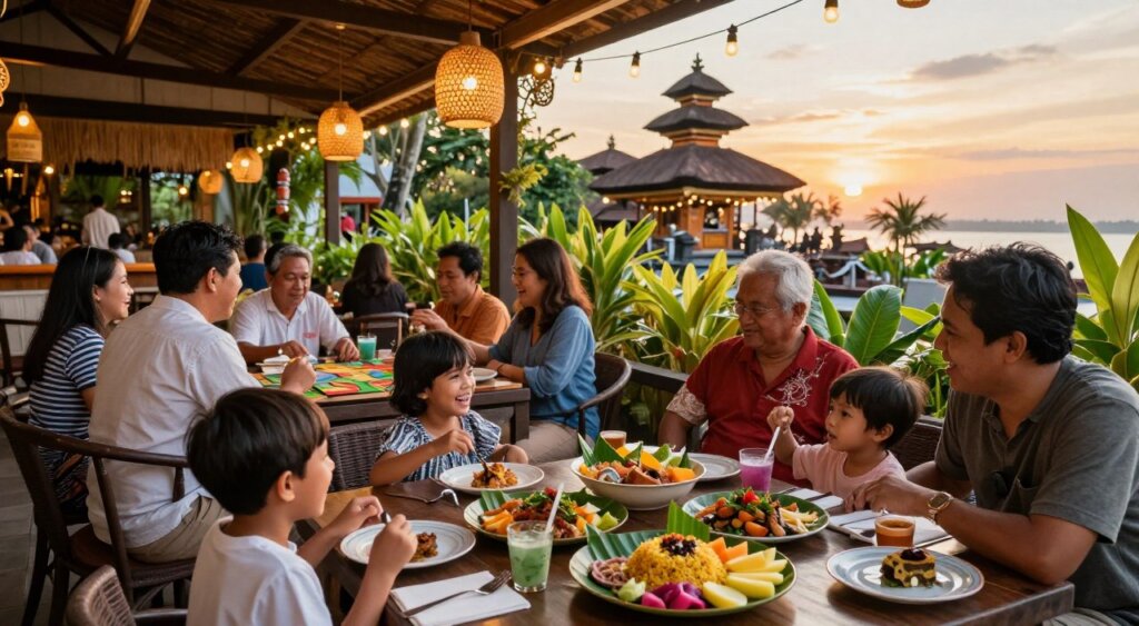 A vibrant family-friendly restaurant scene in Kuta, Bali, featuring a diverse group of families enjoying their meals outdoors. In the foreground, a table filled with colorful dishes showcasing traditional Balinese cuisine, including satay, fried rice, and fresh fruit, with kids laughing and playing nearby. In the middle ground, families of various ethnicities, dressed in modest casual clothing, engage in fun activities like board games or sharing stories, all while surrounded by lush tropical plants and strings of playful lights illuminating the area. The background captures the iconic Balinese architecture with intricate designs, under a golden sunset, creating a warm, inviting atmosphere. The image is captured with a wide-angle lens to enhance depth, with soft natural lighting to accentuate the vibrant colors and joyful mood.