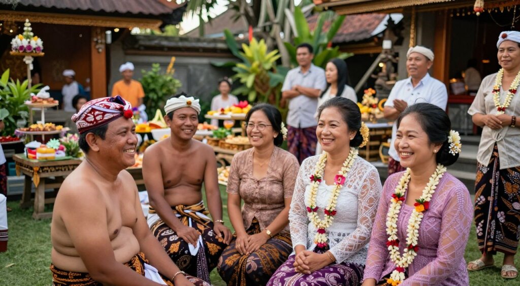 A vibrant family gathering in Bali, showcasing traditional Balinese attire. In the foreground, a close-up of a smiling family, including men in intricately patterned sarongs and women in elegant kebayas adorned with floral garlands. The middle ground features a picturesque outdoor setting with decorated offerings and lush greenery, capturing a sense of community spirit. The background shows traditional Balinese architecture, emphasizing cultural roots. Soft, warm lighting enhances the cheerful atmosphere, reminiscent of late afternoon celebrations. Shot from a slightly elevated angle to encompass both the family dynamics and the surrounding beauty, the scene conveys joy, togetherness, and a deep connection to heritage. The overall mood is festive and inviting, reflecting the essence of Hindu communal festivities.