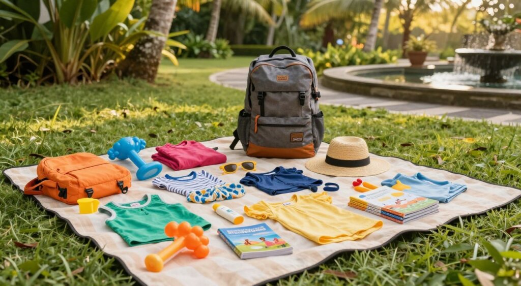 A vibrant family packing list spread out on a neatly organized picnic blanket in a lush tropical garden setting, capturing the essence of Bali. In the foreground, colorful items such as children's beach toys, lightweight clothing, sunscreen, hats, and guidebooks are artistically arranged. In the middle area, a stylish backpack and a sunhat are prominently displayed, hinting at family-friendly travel. In the background, a glimpse of exotic palm trees and a serene water feature creates a peaceful atmosphere. The lighting is warm and inviting, evoking a sense of adventure and relaxation. The photo is taken from a slightly elevated angle, providing a clear, focused view of the packing list essentials, reminiscent of professional travel photography, enriching the scene with a joyful and appealing ambiance.