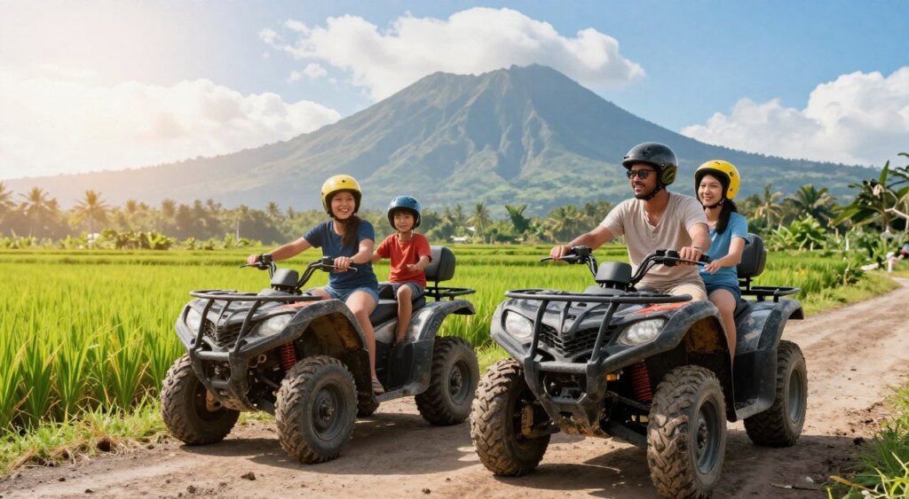 A vibrant family quad biking adventure in Bali, showcasing a diverse family of four, including two adults and two children, all wearing appropriate, modest casual clothing and safety gear. In the foreground, the quad bikes are parked on a rugged path, splattered with mud, highlighting excitement and adventure. The middle ground features the family riding through lush green rice fields, with the sun shining brightly, creating a warm, inviting atmosphere. In the background, majestic Bali mountains loom under a clear blue sky dotted with fluffy white clouds. The lighting is bright and natural, evoking a sense of joy and exploration. The photo is taken from a low angle to create a dynamic perspective, capturing the thrill of quad biking in an idyllic tropical setting, rich in colors and textures.