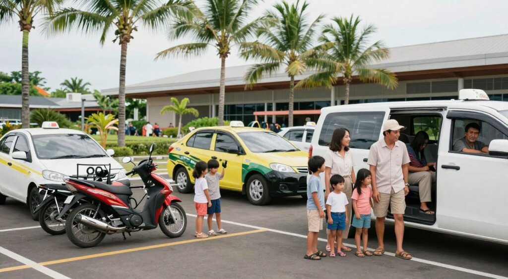 A vibrant family scene at an airport in Bali showcasing various transport options for families. In the foreground, a family of four, dressed in modest casual clothing, is standing beside a waiting van with a welcoming driver. The middle ground features taxis and a motorbike rental nearby, illustrating different transport choices available to families, with children excitedly looking at the vehicles. In the background, lush tropical palm trees and the striking Bali airport terminal create an inviting atmosphere. Soft, natural lighting from a clear sky enhances the scene, capturing the warmth of Bali. The shot is taken at eye level with a slight depth of field, focusing on the family while softly blurring the background, evoking a sense of adventure and comfort.