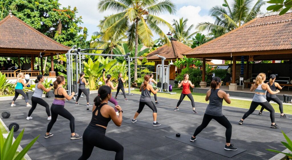 A vibrant group fitness scene in a picturesque outdoor gym in Bali, with lush green tropical surroundings. In the foreground, a diverse group of individuals engaged in a high-energy workout class, wearing modest athletic wear. The middle ground features exercise equipment like weights and mats, integrated seamlessly into the natural landscape. In the background, traditional Balinese architecture and palm trees create an idyllic atmosphere under a bright, sunlit sky. Capture this moment with natural lighting to enhance the lively expressions and interaction among participants. Use a wide-angle lens to showcase both the group and the beautiful environment, evoking a sense of community and vitality.