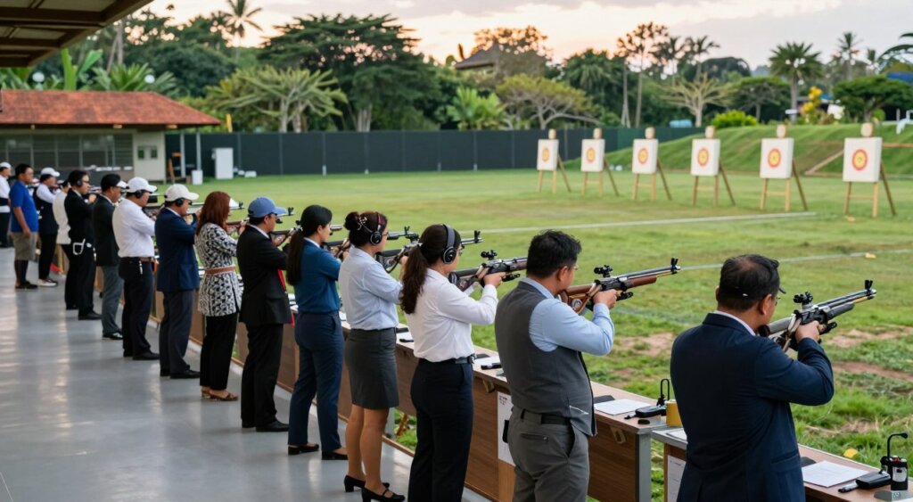 A vibrant group shooting event at a Bali shooting range, showcasing a diverse group of participants in professional business attire, engaging in various shooting activities. In the foreground, individuals of different ethnicities are lined up, focusing intently on their targets with safety gear. The middle ground features shooting lanes and instructors providing guidance, with colorful targets set up. In the background, lush greenery typical of Bali creates a serene and picturesque environment, contrasting with the dynamic action. The scene is bathed in soft, natural light reflecting a warm sunset, enhancing the mood of excitement and camaraderie. The composition should be shot from a slightly elevated angle, capturing the energy of the group while maintaining a sense of professionalism and safety.