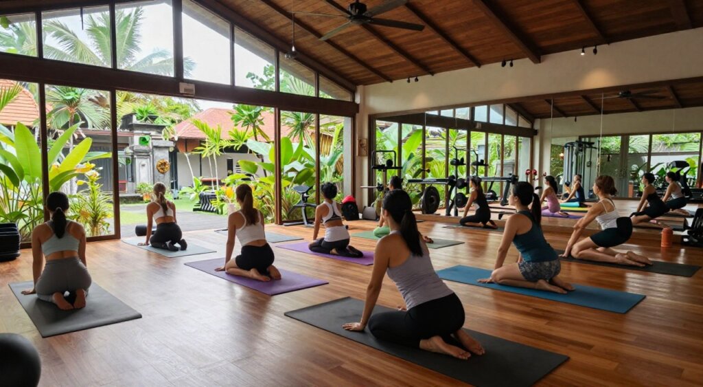 A vibrant, immersive scene of a modern workout studio in Bali, showcasing a spacious wooden-floored gym interior bathed in soft, natural light streaming through large glass windows. In the foreground, trainers in modest athletic wear guide a diverse group of people engaging in various fitness activities, such as yoga, weightlifting, and group classes. The middle ground features neatly arranged gym equipment, colorful yoga mats, and lush greenery visible outside the windows, enhancing the serene atmosphere. In the background, tropical plants and Bali's iconic stone architecture can be glimpsed, creating a harmonious blend of nature and fitness. The overall mood is energetic yet peaceful, epitomizing the allure of Bali's fitness culture, captured with a professional lens angle that emphasizes the spaciousness and warmth of the environment.