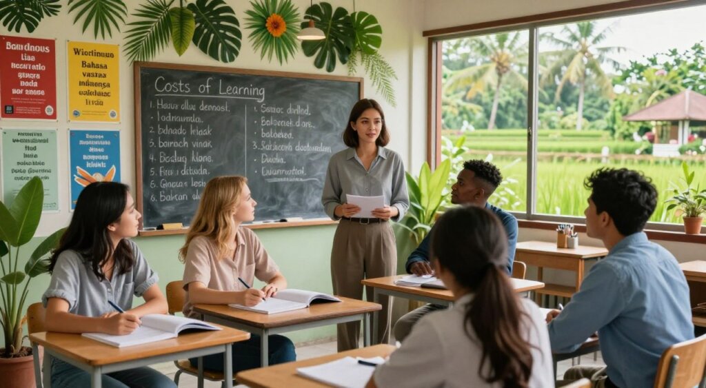 A vibrant indoor classroom setting in Bali, decorated with tropical plants and colorful posters of Bahasa Indonesia phrases. In the foreground, a diverse group of four students engaged in learning: two women, one Asian and one Caucasian, both in modest casual clothing, and two men, one African and one Middle-Eastern, dressed in smart casual attire, attentively interacting with a teacher. The middle ground features a chalkboard filled with lessons on vocabulary and phrases related to everyday life, emphasizing the Costs of Learning. In the background, large windows showcase a picturesque view of Balinese rice terraces under soft natural lighting. The mood is focused and inviting, capturing the essence of language learning in a serene yet culturally rich environment, reminiscent of National Geographic’s professional photos. A vibrant indoor classroom setting in Bali, decorated with tropical plants and colorful posters of Bahasa Indonesia phrases. In the foreground, a diverse group of four students engaged in learning: two women, one Asian and one Caucasian, both in modest casual clothing, and two men, one African and one Middle-Eastern, dressed in smart casual attire, attentively interacting with a teacher. The middle ground features a chalkboard filled with lessons on vocabulary and phrases related to everyday life, emphasizing the Costs of Learning. In the background, large windows showcase a picturesque view of Balinese rice terraces under soft natural lighting. The mood is focused and inviting, capturing the essence of language learning in a serene yet culturally rich environment, reminiscent of National Geographic’s professional photos.