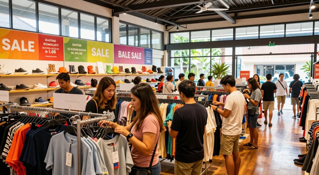 A vibrant interior scene of a Bali factory outlet, showcasing a discount shopping experience. In the foreground, a diverse group of shoppers in modest casual clothing, engaged in searching through stylish clothing racks and admiring footwear. The middle ground features brightly lit store displays with colorful banners advertising sales, reflecting a lively atmosphere. The background reveals large glass windows allowing natural light to flood in, illuminating the polished wooden floors and creating a warm, inviting ambiance. Use a wide-angle lens to capture the bustling energy and excitement within the outlet, emphasizing the shopper's joy. The overall mood should be cheerful and relaxed, embodying the unique shopping experience in Bali.