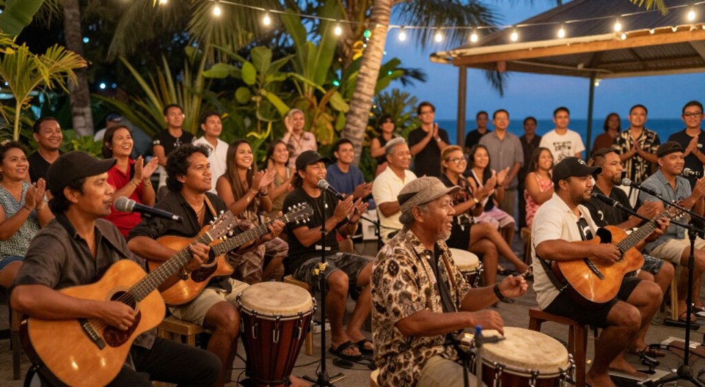 A vibrant live music scene in Kuta, Bali, showcasing local musicians performing at an outdoor venue under warm, ambient lighting. In the foreground, a diverse group of musicians passionately playing acoustic guitars and drums. The middle ground captures an engaged audience of locals and tourists, all clad in casual, modest clothing, enjoying the performance with smiles and clapping hands. In the background, lush tropical foliage and palm trees frame the scene, hinting at the nearby beaches. The atmosphere is lively and inviting, with colorful string lights twinkling overhead, creating a warm, communal vibe. Capture the image with a focus on clarity and detail, utilizing a slightly blurred background for depth, akin to professional photojournalism style of National Geographic.
