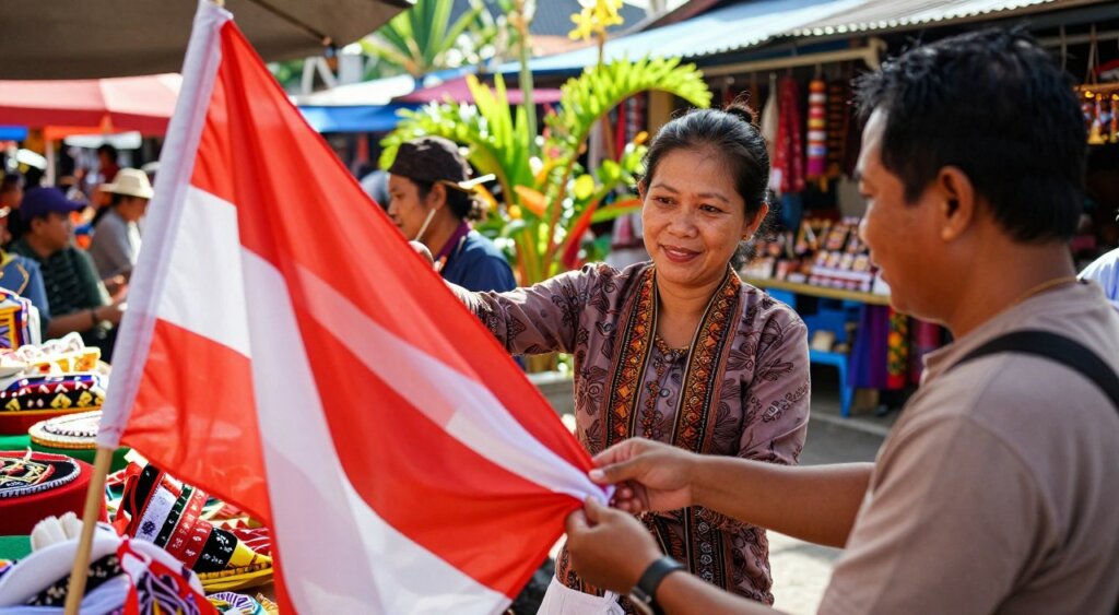 A vibrant market scene depicting the process of purchasing a Bali flag. In the foreground, a focused shopper examines a beautifully crafted Bali flag, showcasing its striking red and white colors. The middle ground features a friendly vendor engaging with the customer, dressed in traditional Balinese clothing that reflects the island's cultural essence. The background captures a bustling marketplace filled with colorful stalls adorned with local crafts and tropical plants. The scene is bathed in warm, natural sunlight, creating a cheerful and inviting atmosphere. Shot with a 35mm lens from eye level to emphasize the interaction, the composition conveys a sense of cultural immersion and community spirit.