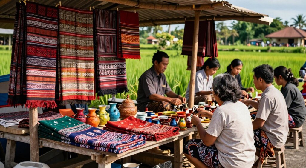 A vibrant market scene in Bali showcasing authentic Balinese goods. In the foreground, intricate handwoven textile products, adorned with traditional Balinese patterns, are attractively displayed on a rustic wooden stall. Surrounding them, colorful ceramics and artisanal crafts highlight the rich culture of the island. In the middle ground, local artisans, dressed in modest, professional attire, engage with customers, emphasizing a sense of community and craftsmanship. The background features lush green rice paddies, under a clear blue sky, adding to the serene ambiance. Soft, natural sunlight creates warm highlights, enhancing the colors and textures of the goods, while the overall mood is inviting and lively, reflecting the essence of Bali's artisanal heritage.