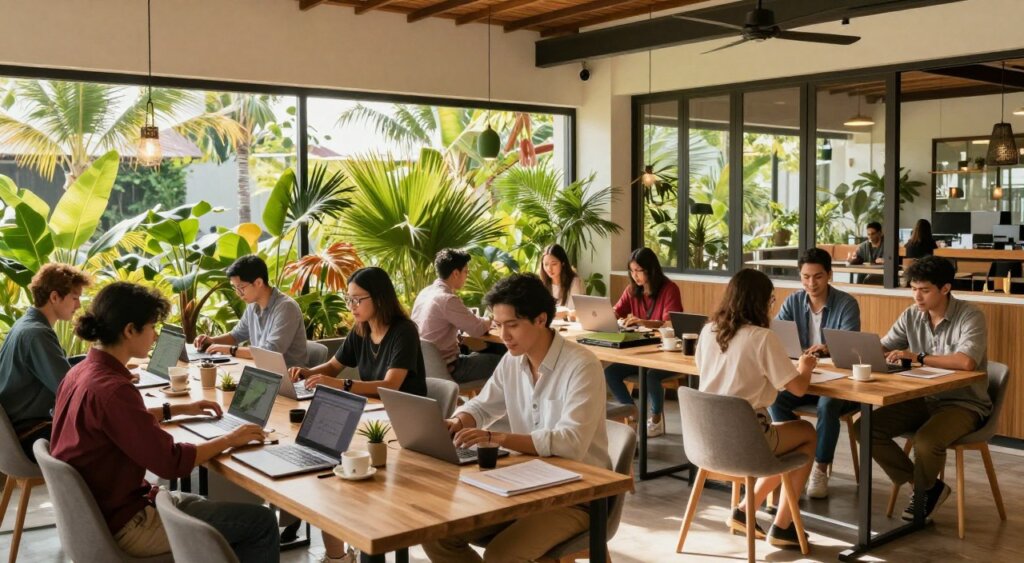 A vibrant, modern coworking space in Bali filled with digital nomads collaborating and working. In the foreground, diverse professionals in smart casual attire sit at communal desks, focused on their laptops, exchanging ideas over coffee. The middle ground features lush tropical plants and stylish decor, embodying a blend of comfort and creativity. Large windows let in warm, natural light, illuminating the room and creating a welcoming atmosphere. In the background, glimpses of palm trees and a serene outdoor space hint at Bali's natural beauty. Shot with a wide-angle lens to capture the space’s depth, exuding an inspiring and productive mood reminiscent of a dynamic community of digital nomads.