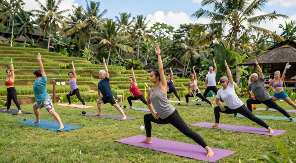 A vibrant outdoor gym class in Bali, featuring a diverse group of individuals engaged in a fitness session, surrounded by lush tropical greenery. In the foreground, a female instructor demonstrates yoga poses while wearing modest athletic clothing, guiding participants in various exercises. In the middle ground, enthusiastic participants of different ages and backgrounds follow her lead, showcasing a collaborative and supportive atmosphere. In the background, iconic Balinese rice terraces gently slope under a bright blue sky, with soft, diffused sunlight illuminating the scene. The image captures the essence of community, wellness, and the integral role of fitness in Bali's culture, evoking a lively, energetic mood that encourages a healthy lifestyle. Shot with a wide-angle lens to encompass the natural beauty and vitality of the environment.
