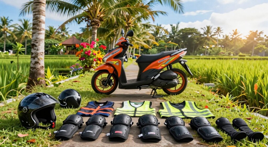 A vibrant outdoor scene in Bali, showcasing a diverse range of scooter safety gear laid out in an organized display. In the foreground, a high-quality black helmet, knee and elbow pads, and a reflective vest are prominently featured, highlighting their importance for safety. The middle of the image includes a colorful scooter parked on a lush green pathway, surrounded by tropical trees and flowering plants. In the background, the iconic Bali landscape with rice paddies and a clear blue sky enhances the atmosphere. The lighting is natural and bright, capturing the warmth of the Bali sun, with a slight lens flare for a dynamic effect. The mood conveys a sense of adventure and safety, emphasizing the importance of protective equipment for a fun, secure ride.