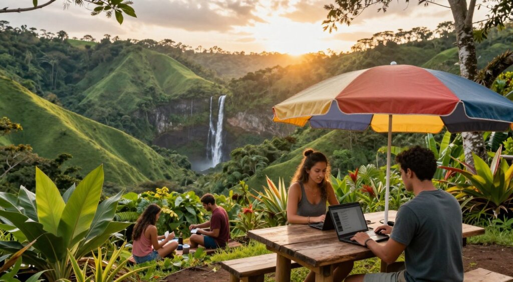 A vibrant outdoor scene in Costa Rica showcasing a group of digital nomads engaged in various activities. In the foreground, two individuals, a man and a woman, are working on laptops under a large, colorful umbrella at a rustic wooden table, surrounded by tropical greenery. The middle ground features lush, rolling hills with vivid green foliage and a distant waterfall cascading down, exuding a sense of adventure. In the background, the sun sets behind the hills, casting a warm golden light across the scene, creating a sense of tranquility and inspiration. The overall mood is lively and invigorating, reflecting the perfect synergy of work and nature in a paradise-like setting, captured in a professional documentary style with sharp focus and natural lighting.
