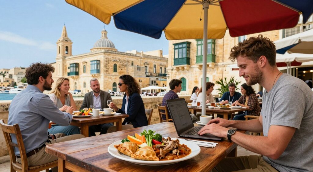 A vibrant outdoor scene showcasing the Maltese lifestyle and cuisine, focusing on a digital nomad working on a laptop at a rustic wooden table under a colorful parasol. In the foreground, display a plate of traditional Maltese dishes like pastizzi and rabbit stew, elegantly arranged with fresh local vegetables. In the middle ground, include a diverse group of professional individuals in modest casual clothing, engaged in conversation and enjoying coffee at a charming café in Valletta with its iconic architecture. The background features the old stone buildings with their distinctive balconies and a clear blue sky, lending a warm atmosphere to the image. Use soft, natural lighting to enhance the inviting mood, captured with a wide-angle lens to create depth and interest.