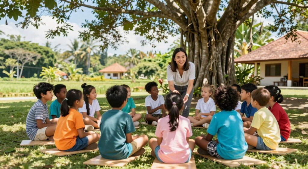 A vibrant outdoor scene showcasing the benefits of international schools in Bali. In the foreground, a group of diverse children, including Asian, Caucasian, and Black students, are engaged in an interactive outdoor classroom session, eagerly participating under a large banyan tree, dressed in modest, colorful casual clothing. In the middle ground, a friendly, approachable teacher guides them, emphasizing collaboration and creativity. The background features a picturesque Balinese landscape with lush greenery, traditional architecture, and a serene blue sky. Soft sunlight filters through the leaves, creating dappled shadows on the ground, enhancing a warm and inviting atmosphere. The overall composition captures an inspiring and enriching educational experience in a unique cultural setting, reflective of the appeal of international schools in Bali.