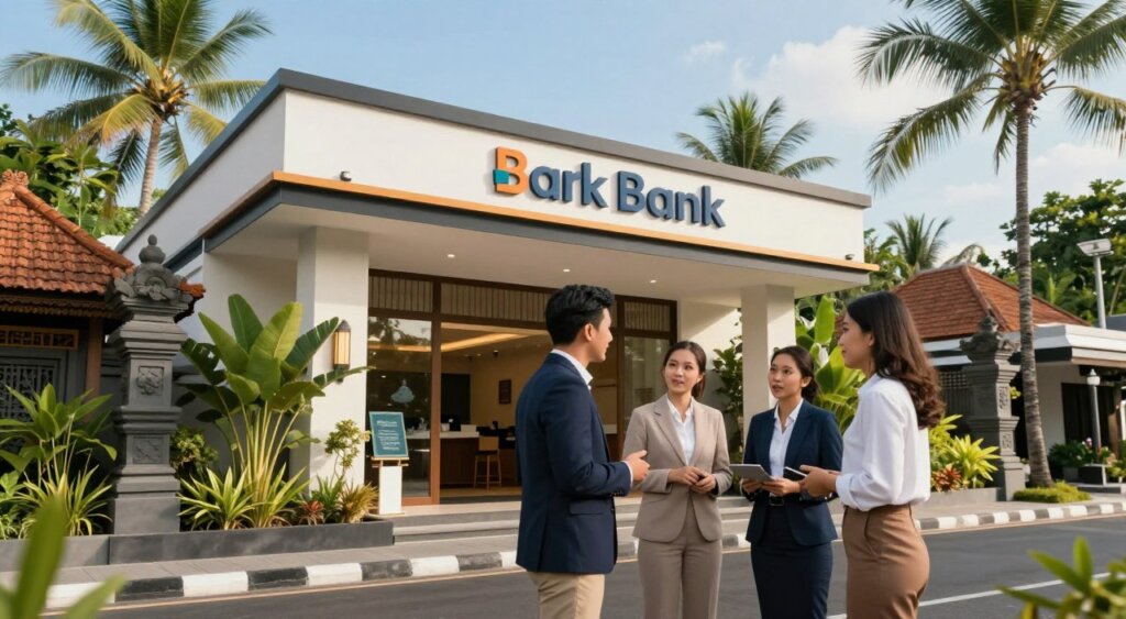 A vibrant outdoor setting in Bali featuring a modern bank facade showcasing its welcoming entrance. In the foreground, a diverse group of three business professionals, one male and two females, dressed in smart casual attire, are engaged in a discussion. The middle ground shows the bank's logo and decorative elements like tropical plants and traditional Balinese architecture harmoniously blended. In the background, the lush landscape of Bali with palm trees under a clear blue sky creates an inviting atmosphere. The scene is lit by warm, soft natural sunlight, enhancing the professionalism and optimism of the setting. Capture this moment with a wide-angle lens to emphasize the architecture and natural beauty surrounding the bank. The mood is upbeat, embodying opportunity and growth for business accounts in Bali.