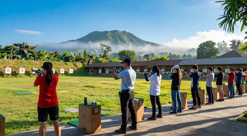 A vibrant outdoor shooting range in Bali, showcasing a clear blue sky and lush greenery surrounding the shooting area. In the foreground, a professional instructor, dressed in smart casual attire, attentively guides a group of diverse individuals, including both men and women, as they practice their shooting skills. The middle ground features well-maintained shooting stations, with targets set at various distances. In the background, the iconic rolling hills of Bali, partially shrouded in gentle morning fog, create a serene atmosphere. The sun is shining brightly, casting dynamic shadows and highlighting the excitement of the participants. The composition captures the thrill of the experience while maintaining a sense of professionalism and safety. Shot with a 35mm lens for sharp detail and a vibrant color palette.