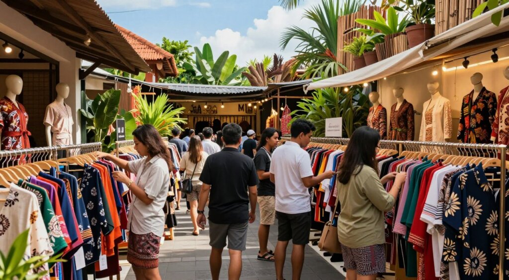 A vibrant outdoor shopping scene showcasing affordable fashion outlets in Bali. In the foreground, a diverse group of individuals in professional casual attire are excitedly browsing through colorful clothing racks. The middle ground features eye-catching shop displays with a mix of modern and traditional Balinese fashion, adorned with tropical plants and natural wood accents. In the background, lush greenery and a clear blue sky create a relaxed atmosphere, enhancing the shopping experience. Bright, warm lighting illuminates the scene, casting soft shadows that add depth. Capture the lively, energetic mood of shoppers discovering stylish yet budget-friendly finds, emphasizing the charm and culture of Bali's fashion outlets.