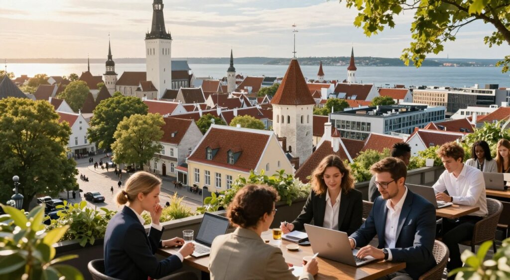 A vibrant overview of Estonia's Digital Nomad Visa, showcasing a picturesque cityscape of Tallinn with its medieval architecture and modern buildings. In the foreground, a diverse group of professionals, including a woman and a man in business attire, are collaborating over laptops at an outdoor café, surrounded by greenery. The middle layer features the iconic Tallinn Old Town with cobblestone streets and lush trees, blending historical charm with modern work culture. In the background, the sea glimmers under soft, golden hour lighting, casting warm hues across the scene. The atmosphere is dynamic and inspiring, capturing the essence of a thriving digital nomad lifestyle in Estonia. The image is composed with a wide-angle lens, enhancing depth and inviting viewers into this enchanting blend of work and travel.