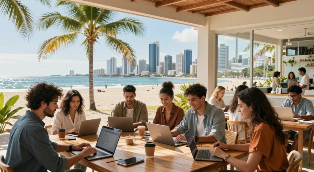A vibrant panoramic view showcasing the benefits of the Digital Nomad Visa in Panama. In the foreground, a diverse group of professionals in smart casual clothing is gathered around laptops and digital devices, engaged in collaborative work. In the middle ground, a beautiful beach scene with palm trees swaying gently, and a coworking space with large windows allowing sunlight to flood in, reflecting a casual yet productive atmosphere. In the background, the iconic skyline of Panama City glistens under bright blue skies. The lighting is warm and inviting, capturing a sense of creativity and freedom, emphasizing a lifestyle where work seamlessly blends with leisure. The composition should convey a feeling of inspiration and potential, demonstrating a perfect balance between work and travel.