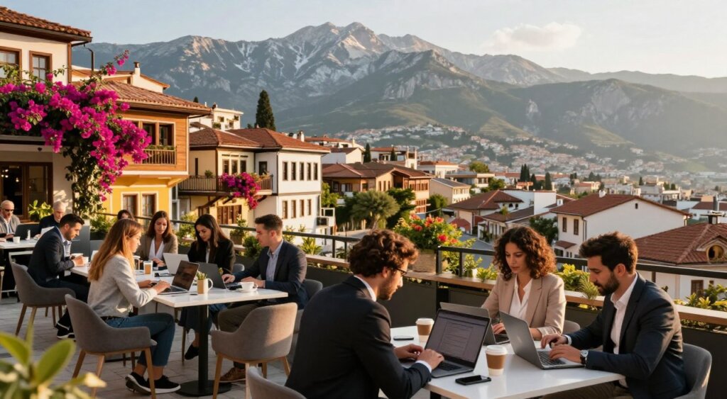 A vibrant, picturesque cityscape of Albania, showcasing a modern co-working space filled with digital nomads engaged in work. In the foreground, a diverse group of individuals dressed in professional business attire and casual clothing collaborate around a large table, laptops open and coffee cups in hand. The middle section features colorful, traditional Albanian architecture with bougainvillea cascading over balconies, creating a warm and inviting atmosphere. In the background, the stunning mountainous landscape provides a dramatic contrast, bathed in soft, natural sunlight during golden hour, enhancing the colors and details. The scene captures the essence of creativity and productivity in a picturesque location, embodying the excitement of exploring Albania as a digital nomad.