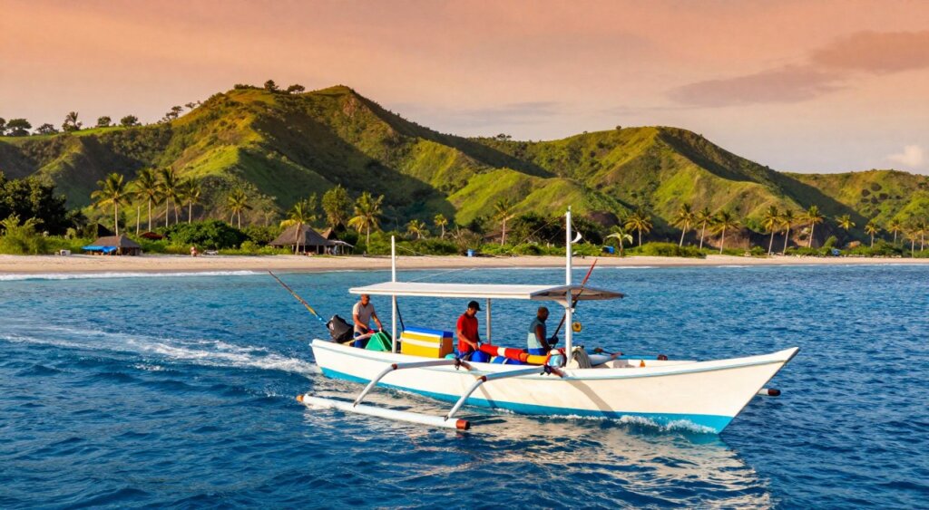 A vibrant, picturesque scene of a Bali fishing charter boat gliding over crystal-clear blue waters during the golden hour. In the foreground, the sleek, white fishing boat features colorful fishing gear and rods neatly arranged. A serene crew in modest casual clothing is busy preparing for the day's catch. The middle ground showcases gentle waves sparkling under the warm sunlight, while the backdrop reveals lush green hills dotted with tropical trees, creating a tranquil, inviting atmosphere. The sky is painted in hues of orange and pink, enhancing the picturesque view. Capture this moment with a wide-angle lens to emphasize depth and a sense of adventure, evoking the allure of Bali as a prime fishing destination, rich in natural beauty and excitement.