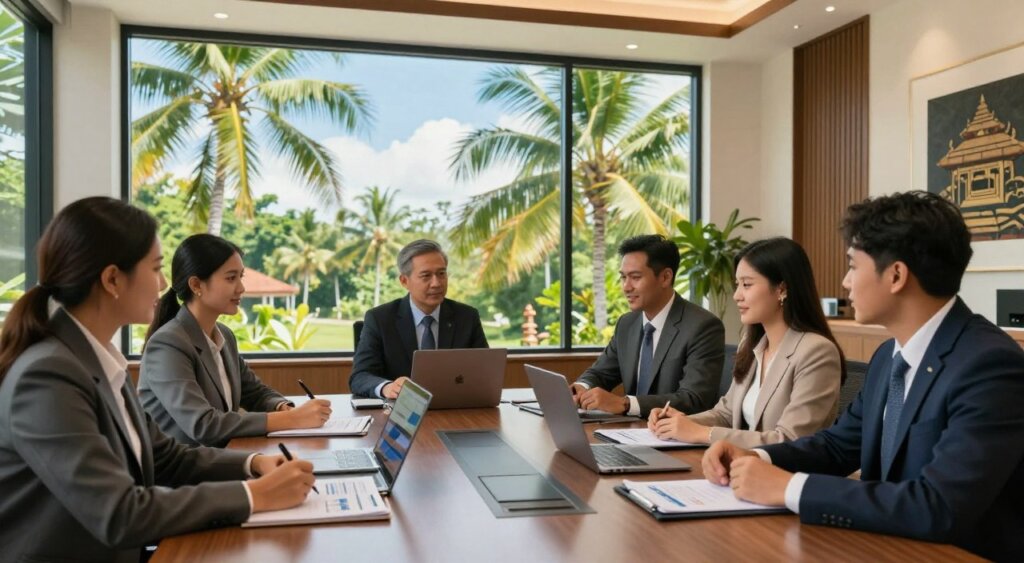 A vibrant, professional business setting in Bali showcasing various types of business bank accounts. In the foreground, a group of diverse professionals in business attire gathers around a sleek conference table filled with financial documents and electronic devices. The middle ground highlights a large window revealing a lush tropical landscape, featuring palm trees and a clear blue sky, symbolizing the serene environment of Bali. The background includes an elegant bank office design with modern decor and subtle Balinese art elements, creating an inviting atmosphere. Natural lighting filters through the window, casting warm tones across the scene. The overall mood is one of professionalism, opportunity, and optimism for business growth in Bali.