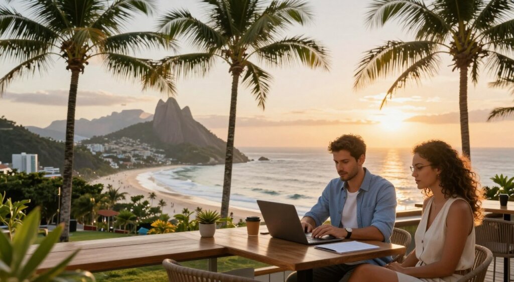 A vibrant, professional overview of Brazil's Digital Nomad Visa, showcasing a serene coastal setting with a modern workspace. In the foreground, a focused male and female digital nomad dressed in smart casual clothing work on laptops at a stylish outdoor café, with palm trees gently swaying in the breeze. The middle layer features a colorful Brazilian landscape, including iconic elements like Christ the Redeemer and tropical beaches, subtly integrated into the scene. In the background, the sun sets over the ocean, casting warm golden hues and creating a relaxed, inspiring atmosphere. Capture this scene with soft, natural lighting, using a wide-angle lens to emphasize the expanse and beauty of the environment, evoking a sense of adventure and freedom.