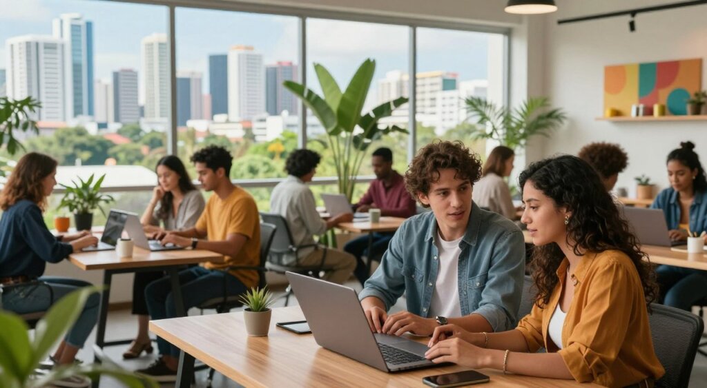 A vibrant, professional photojournalism-style scene depicting a diverse group of digital nomads in a modern, sunlit co-working space in Panama City. In the foreground, two individuals, one male and one female, are engaging in discussion over a laptop, both wearing stylish yet professional casual attire. The middle ground features various workstations occupied by other digital nomads of different ethnicities, collaborating and working on laptops, with tropical plants and colorful decor enhancing the space. In the background, large windows reveal a stunning view of Panama City's skyline, with skyscrapers and lush greenery under a clear blue sky. Use soft, natural lighting to create a warm and inviting atmosphere, capturing the essence of a smooth transition to life in Panama.