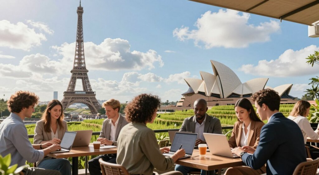 A vibrant, professional scene depicting various iconic landscapes representing popular countries offering digital nomad visas. In the foreground, a diverse group of digital nomads, dressed in smart casual business attire, are collaborating around laptops at an outdoor café. The middle ground showcases famous landmarks like the Eiffel Tower, Sydney Opera House, and Bali rice terraces, symbolizing the appeal of remote work locations. In the background, a bright blue sky with fluffy clouds enhances the atmosphere, illuminated by warm sunlight creating a welcoming, productive vibe. The composition is shot from a slightly elevated angle, offering a panoramic view that captures both the people and stunning landscapes, evoking a sense of adventure and professionalism.