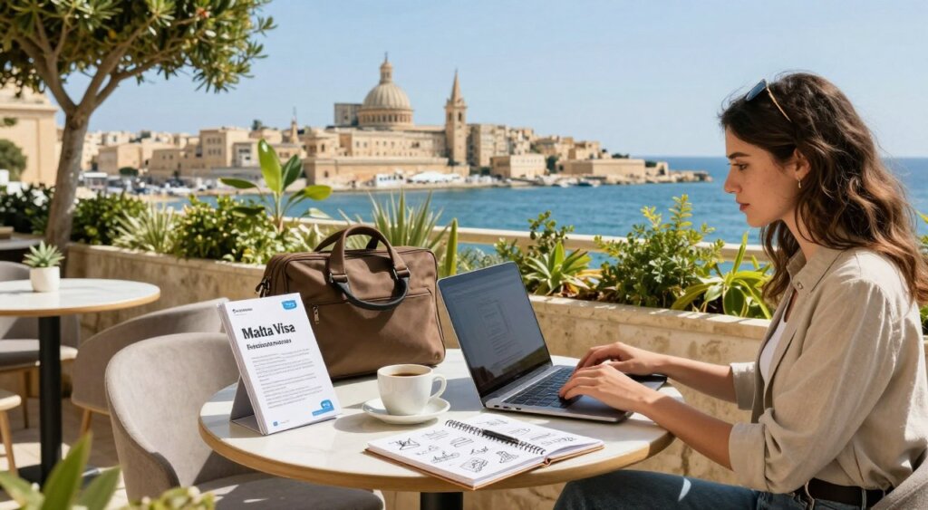 A vibrant, professional workspace set in a sunny, outdoor café in Malta, surrounded by historic architecture and lush greenery. In the foreground, a digital nomad, a young woman in smart casual attire, is working on her laptop, with a stylish coffee cup beside her. In the middle ground, include various resources for freelancers such as brochures about the Malta Visa, a laptop bag, and a notebook filled with sketches and ideas. The background showcases a picturesque view of Valletta’s skyline, with the Mediterranean Sea sparkling under clear blue skies. Soft, natural lighting enhances the scene, casting gentle shadows, creating a warm and inviting mood, ideal for digital nomads seeking inspiration and support in Malta.