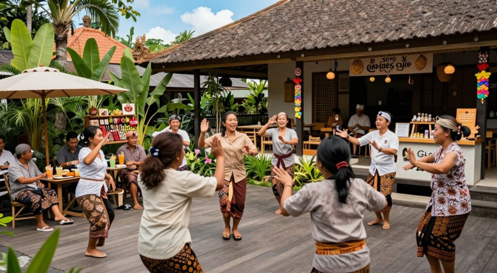A vibrant scene at Bali Bagus Cafe, showcasing community cultural engagement. In the foreground, a diverse group of people in modest casual clothing engage in traditional Balinese dance, with expressions of joy and enthusiasm. In the middle ground, patrons enjoy refreshing drinks on a wooden terrace, surrounded by lush tropical plants. Local artisans showcase their crafts at a small market set up beside the cafe, enhancing the lively atmosphere. The background features the cafe, with intricate Balinese architecture and colorful decorations, set against a bright blue sky. Soft, natural lighting casts a warm glow, capturing the inviting and spirited ambiance of community gatherings. The composition should evoke a sense of connection, celebration, and cultural harmony.