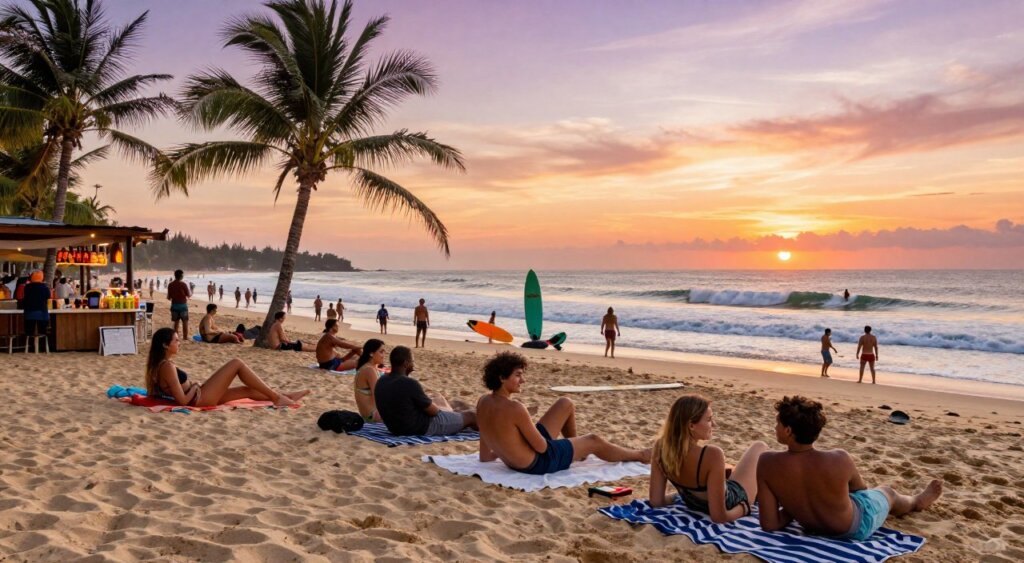 A vibrant scene at Kuta Beach during the afternoon, showcasing a lively atmosphere filled with people enjoying various activities. In the foreground, a diverse group of friends dressed in modest, casual clothing are lounging on beach towels, smiling, and engaging in conversation. The middle ground features surfers riding medium-sized waves, with colorful surfboards catching the sunlight. Palm trees gently sway in the breeze, casting playful shadows on the golden sand. The background captures a stunning sunset with hues of orange, pink, and purple reflecting on the water. The serene beachside cafés and stalls offer a glimpse of local snacks and drinks, while the soft light enhances the warm, welcoming mood of relaxation and exploration. The composition emphasizes a wide angle to include the sprawling beach and lively crowds, reminiscent of a National Geographic photojournalism style.
