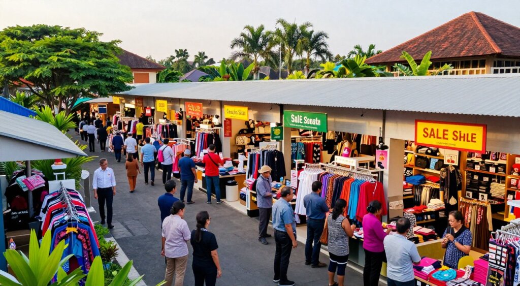 A vibrant scene at a bustling factory outlet shopping center in Bali during early morning hours, capturing shoppers exploring colorful storefronts filled with fashionable clothing and accessories. In the foreground, a diverse group of shoppers of varying ages, dressed in professional business attire and modest casual clothing, eagerly browsing sale items. The middle ground features enticing displays of local and international brands, adorned with bright sale signs. In the background, lush tropical greenery and traditional Balinese architecture create a harmonious atmosphere under soft, warm sunlight, enhancing the lively mood. The angle is slightly elevated, providing a panoramic view that showcases the vibrancy and activity of a perfect shopping day in Bali, reminiscent of National Geographic photojournalism quality.