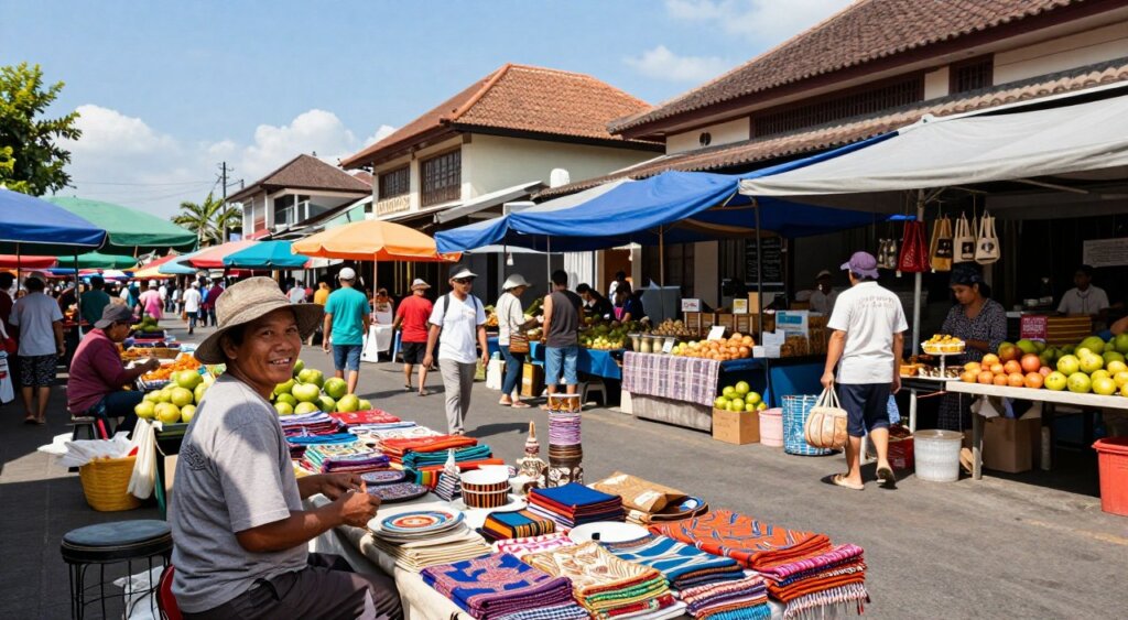 A vibrant scene at the Kuta shopping market, showcasing an affordable stay experience. In the foreground, a local vendor with a friendly smile offers handmade crafts and souvenirs, wearing modest, casual clothing. The middle ground features bustling market stalls filled with colorful textiles, tropical fruits, and local delicacies, creating a lively atmosphere. In the background, a blend of traditional Balinese architecture and modern storefronts is visible under a clear, sunny sky. The lighting is bright and inviting, capturing the essence of a sunny day in Bali. Use a wide-angle lens to encompass the energetic market scene, focusing on warmth and community spirit, evoking a sense of adventure and exploration.