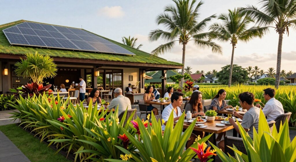 A vibrant scene at the eco-friendly Harris Hotel Kuta Galleria Bali, emphasizing sustainability initiatives. In the foreground, well-maintained tropical plants, showcasing a striking combination of lush greenery and colorful flowers. In the middle, a stylish outdoor dining area, where guests in modest casual clothing enjoy organic, locally sourced meals. Decorative, reusable dining ware complements the setup. In the background, the hotel's eco-friendly architecture features solar panels and green roofing, framed by the serene Bali landscape with palm trees swaying gently. The image captures warm, natural lighting during golden hour, creating a welcoming and relaxed atmosphere. The composition is shot at a slight angle to highlight both the dining area and the unique environmental design elements of the hotel, evoking a sense of tranquility and commitment to sustainability.