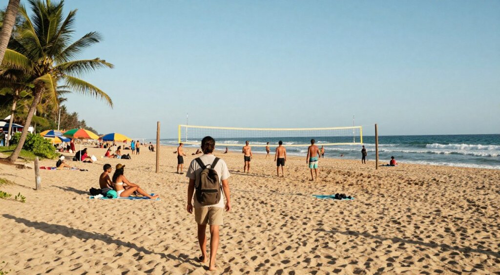 A vibrant scene capturing Kuta Beach as a welcoming destination for solo travelers. In the foreground, a traveler in modest casual clothing is leisurely walking along the sandy beach, carrying a small backpack. The middle layer showcases a diverse group of tourists engaging in beach activities, like beach volleyball and sunbathing on towels, surrounded by palm trees and colorful beach umbrellas, creating a lively atmosphere. In the background, the ocean waves gently roll in under a clear blue sky with soft sunlight illuminating the entire scene, reflecting a warm and inviting mood. The composition should evoke a sense of adventure, safety, and community, highlighting the beauty and allure of Kuta Beach as an ideal spot for solo travelers. Capture this in a realistic and dynamic photojournalism style, reminiscent of National Geographic quality.