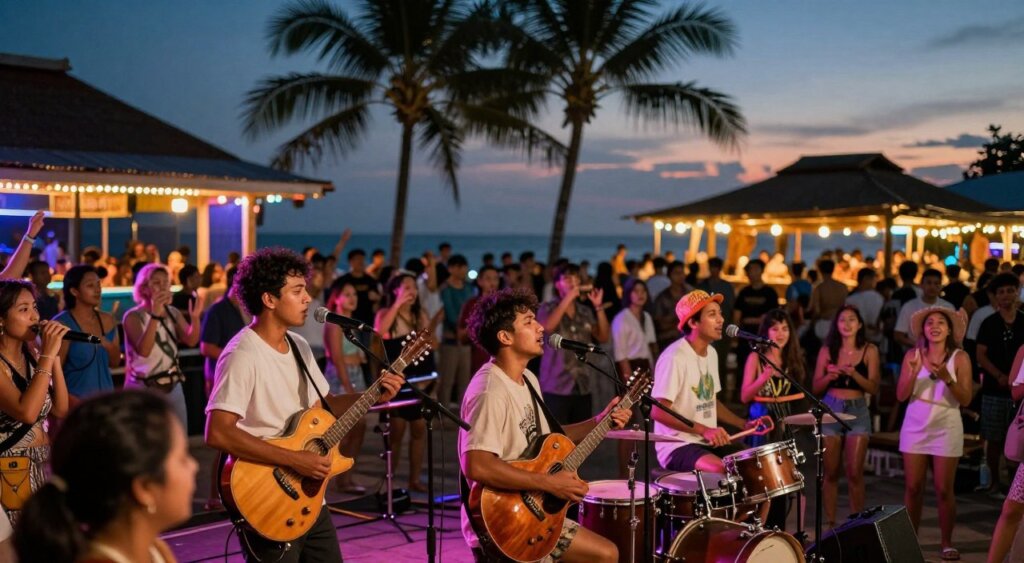 A vibrant scene capturing the energetic nightlife in Kuta, showcasing a local band performing on an open-air stage. In the foreground, musicians are passionately playing instruments—guitar, drums, and a microphone stand—with a diverse audience of enthusiastic listeners enjoying the performance. The middle ground features colorful ambient lighting, illuminating the band and creating a lively atmosphere, while palm trees sway gently in the evening breeze. In the background, the silhouette of beach bars can be seen, their warm lights twinkling like stars against the dusk sky. The camera angle is slightly elevated, providing a sweeping view that evokes excitement and camaraderie. Soft bokeh effects in the background enhance the sense of a bustling night. This composition reflects the unique charm and lively spirit of Kuta's local music scene.