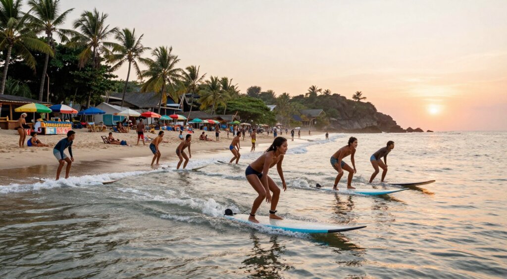 A vibrant scene capturing the essence of Kuta's surfing culture, showcasing surfers riding the gentle waves at sunset. Foreground features enthusiastic surfers in modest swim attire, skillfully maneuvering their boards, with expressions of joy and concentration. The middle ground includes a lively beach scene with sunbathers, beach umbrellas, and local vendors selling refreshments, while the background displays the rugged coastline, palm trees swaying in the breeze, and the soft orange hues of the setting sun reflecting on the water. Shot in a slightly elevated angle to encompass the breadth of the beach and waves, with soft, golden lighting to create an inviting, warm atmosphere reminiscent of a tropical paradise. The composition exudes a sense of community and the evolution from its humble fishing roots to a bustling tourist hub.