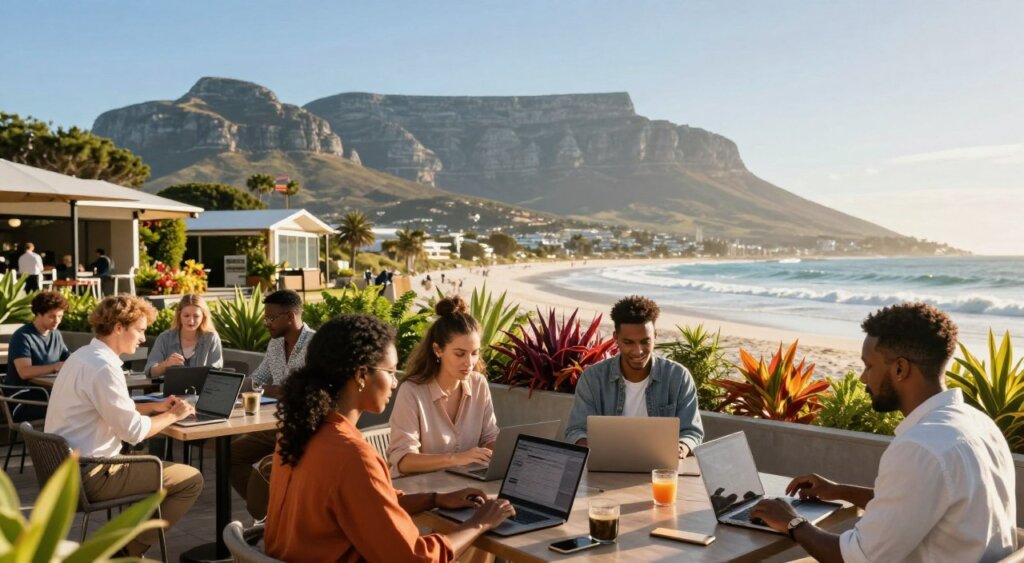A vibrant scene capturing the essence of digital nomad opportunities in South Africa. In the foreground, a diverse group of professionals in smart casual attire is engaged in collaborative work at an outdoor café, their laptops open, with the iconic Table Mountain in the background. In the middle ground, lush greenery and colorful local flora frame the terrace, while a few modern co-working spaces are visible. The background features the stunning coastline with gentle waves lapping against the sandy shore under a bright blue sky. The lighting is warm and inviting, suggesting a late afternoon glow that enhances the atmosphere of creativity and productivity. The overall mood is one of inspiration, opportunity, and the carefree spirit of life as a digital nomad in South Africa.
