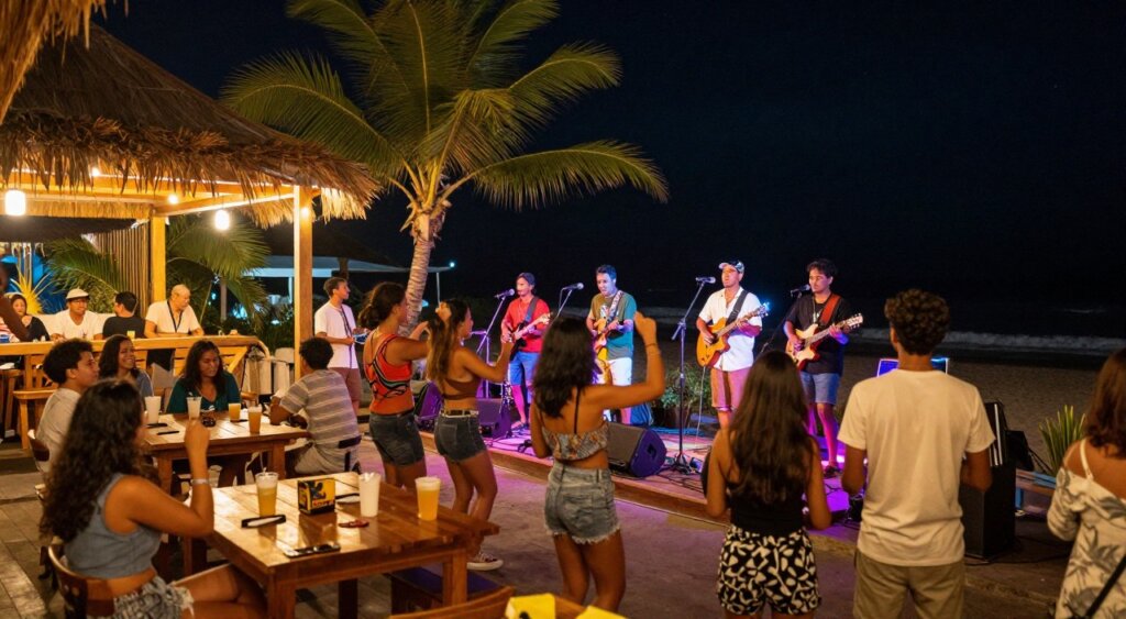 A vibrant scene capturing the essence of live music in Kuta, Bali. In the foreground, a small crowd of enthusiastic music lovers, dressed in stylish yet modest casual attire, swaying to the rhythm of a local band performing on a brightly lit stage. The musicians, including a guitarist and a vocalist, are engaged passionately, surrounded by colorful lights that create an inviting atmosphere. In the middle ground, rustic wooden tables filled with drinks and happy patrons showcase a relaxed social vibe, with palm trees gently swaying nearby. The background features a beautiful night sky and twinkling stars, enhancing the lively yet serene ambiance. The image should be well-lit with warm lighting, capturing the excitement and warmth of a memorable evening in Kuta, using a slight wide-angle lens for depth.