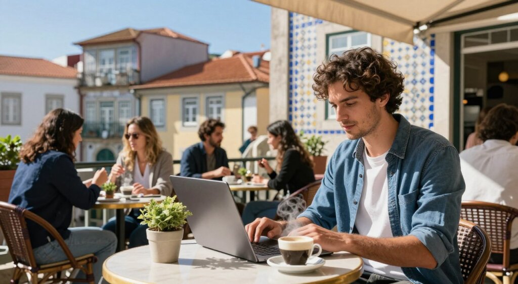 A vibrant scene capturing the essence of living in Portugal as a digital nomad, featuring a young professional working on a laptop at a cozy outdoor café table, set against a backdrop of colorful tiled buildings typical of Lisbon. In the foreground, a steaming cup of coffee and a small potted plant add warmth to the composition. The middle ground includes other patrons, dressed in smart-casual attire, engaging in conversation or working, embodying a sense of community. The background showcases the stunning architecture of historic structures under a bright blue sky, with sunlight casting soft shadows, creating a relaxed yet vibrant atmosphere. The overall mood is inviting and inspiring, emphasizing the cultural richness and lifestyle of digital nomads in Portugal.