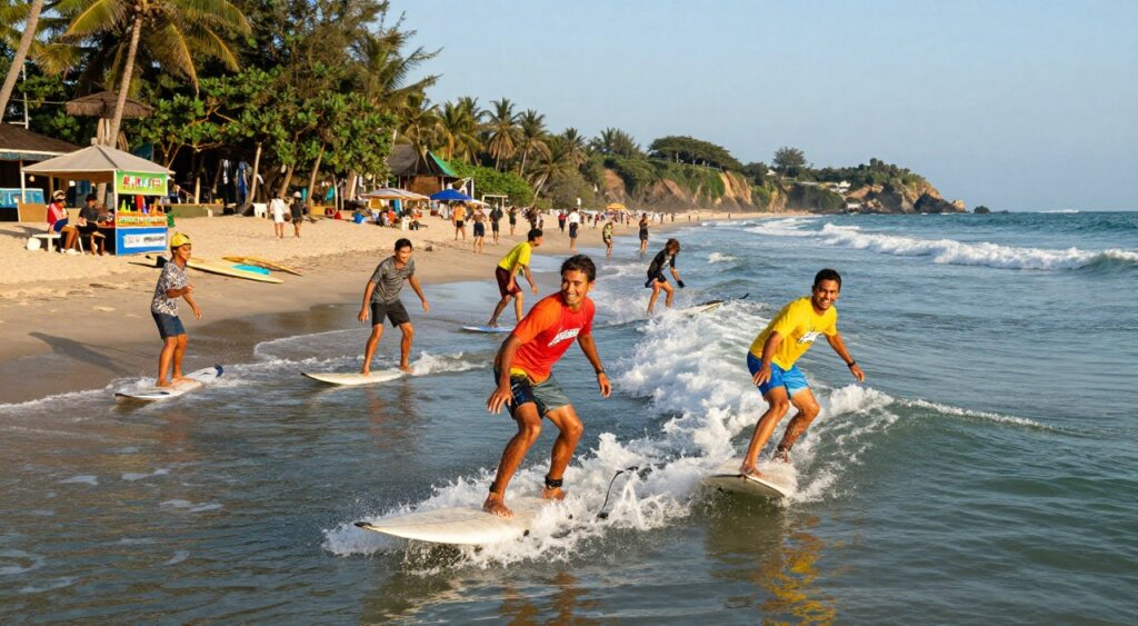 A vibrant scene capturing the essence of low-cost surfing at Kuta Beach, Indonesia. In the foreground, a diverse group of surfers, dressed in colorful t-shirts and casual shorts, are riding small, energetic waves with smiles of excitement. The middle ground features a sun-drenched beach with surfboards propped up in the sand, and a few local vendors selling affordable refreshments. In the background, the iconic Kuta Beach coastline stretches under a clear blue sky, with gentle waves lapping at the shore. The warm golden hour light casts a soft glow over the entire scene, creating a lively yet relaxed atmosphere reminiscent of a budget-friendly tropical paradise. The photo is framed with a wide-angle lens for an immersive experience, and the overall mood is cheerful and inviting.