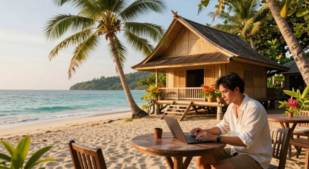 A vibrant scene capturing the essence of the digital nomad lifestyle in Thailand. In the foreground, a focused individual is sitting at a wooden table, working on a laptop, showcasing a blend of modern technology and tropical living. This person is dressed in comfortable yet professional attire, exuding a relaxed vibe. The middle ground features a picturesque bamboo hut with lush greenery and colorful tropical flowers, typical of Thai architecture. In the background, a serene beach with crystal clear waters and palm trees swaying in the breeze sets a tranquil atmosphere. The lighting is warm and inviting, reminiscent of a golden hour, creating a dreamy, inspiring mood. Use a wide-angle lens to capture the expansive beauty of the surroundings, ensuring a sense of openness and freedom in the digital nomad experience.