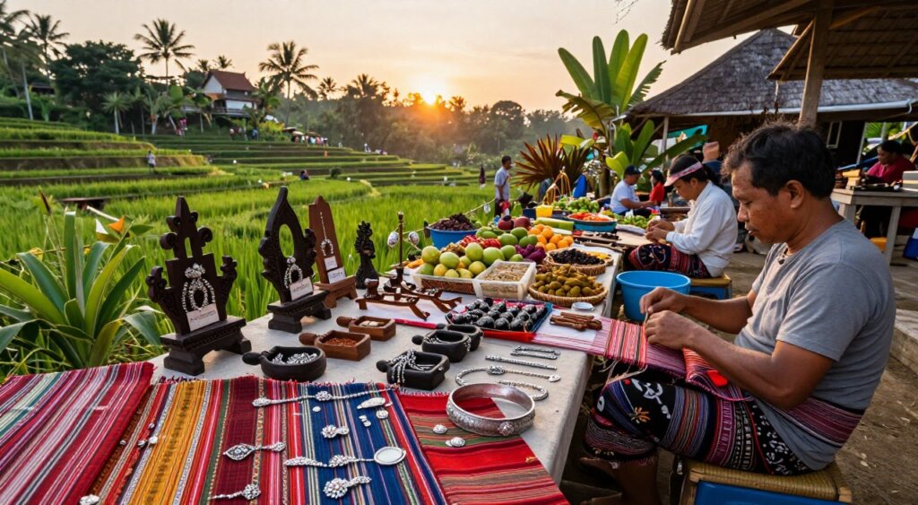 A vibrant scene capturing the essence of traditional Balinese products and lifestyle. In the foreground, display exquisite handwoven textiles in rich colors, alongside authentic wooden crafts and intricate silver jewelry. Include artisans, dressed in modest casual clothing, engaging in their craft—one weaving, another carving. The middle ground should feature a traditional Balinese market with stalls brimming with fresh fruits and spices, surrounded by lush tropical plants. In the background, depict the iconic rice terraces and a gently rising sun illuminating the landscape with warm, soft light. Use a wide-angle lens to create an immersive feel, conveying the warmth and tranquility of rural Balinese life, evoking a sense of cultural richness and community.