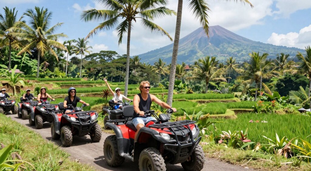 A vibrant scene capturing the excitement of a Bali ATV tour combined with other adventurous activities. In the foreground, a group of diverse people in modest casual clothing rides stylish ATVs on a rugged jungle trail. Their expressions reflect joy and exhilaration. In the middle ground, lush green rice terraces and towering palm trees frame the adventurous scene, highlighting the natural beauty of Bali. In the background, a scenic view of volcanic mountains and a clear blue sky conveys a sense of vastness. The lighting is bright and inviting, reminiscent of a sunny day, enhancing the vivid colors of nature. The angle is slightly elevated, providing a dynamic perspective that immerses the viewer in the thrilling experience of outdoor adventure in Bali.