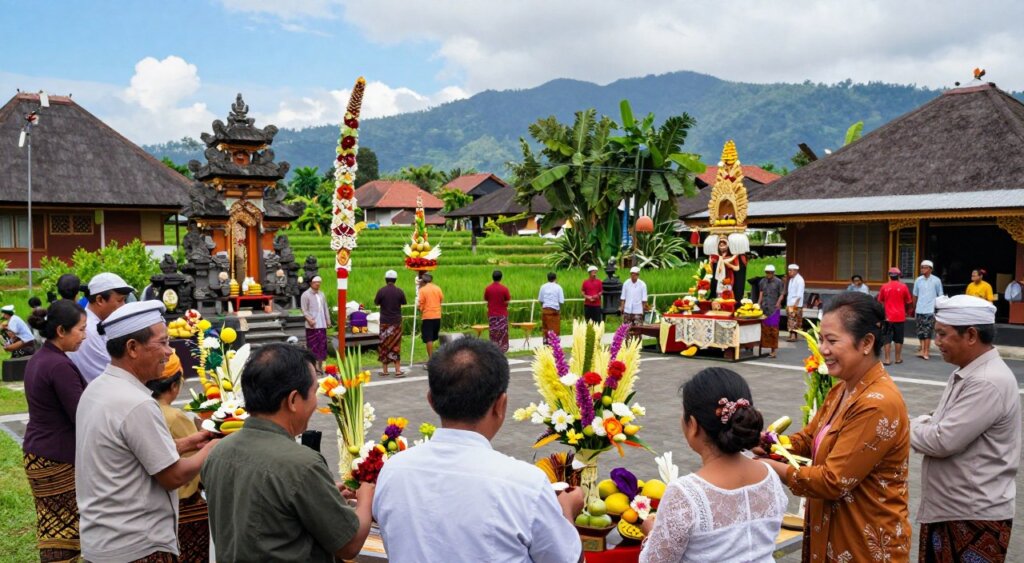 A vibrant scene capturing the impact of the Kuningan Ancestral Spirits Ceremony on Balinese families within their community. In the foreground, a group of Balinese family members, dressed in modest traditional clothing, smiles as they prepare offerings adorned with colorful flowers and fruits. The middle ground depicts a bustling village square, showcasing locals engaging in the ceremony, with intricately decorated shrines and ceremonial items. In the background, lush green rice terraces and distant mountains under a bright blue sky set a serene and tranquil atmosphere. Soft, natural lighting enhances the warmth of the scene, suggesting a sense of unity, tradition, and cultural richness. The composition evokes a joyful, communal celebration grounded in ancestral reverence.