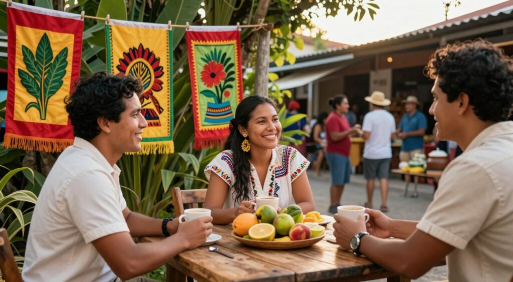 A vibrant scene depicting Costa Rican cultural etiquette for digital nomads. In the foreground, a diverse group of three professionals—two men and one woman—dressed in modest casual attire, engaged in a friendly conversation over coffee at a rustic wooden table adorned with fresh tropical fruit. In the middle ground, colorful banners and artwork celebrating Costa Rican traditions add context. The background features lush greenery and a quaint street market, with locals interacting warmly, embodying the essence of Pura Vida. The lighting is soft and natural, reminiscent of the golden hour, creating a warm, inviting atmosphere. The composition captures a sense of community and cultural exchange, ideal for illustrating cultural considerations for nomads.