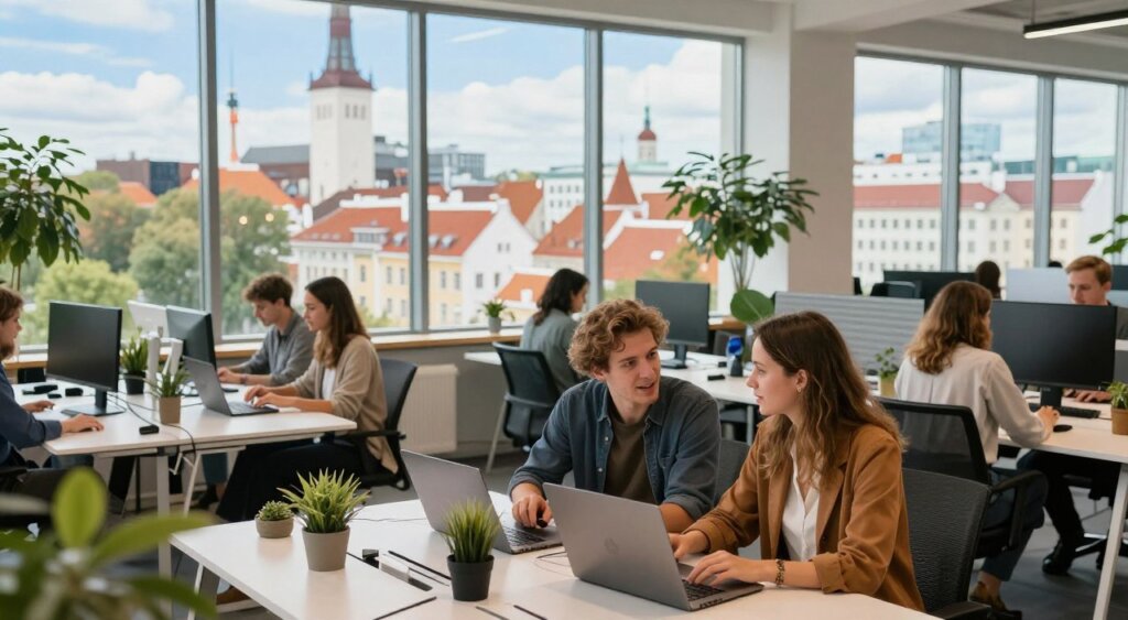 A vibrant scene depicting Estonia's tech scene, focusing on a modern coworking space bustling with digital nomads. In the foreground, two individuals, one man and one woman, engage in a lively discussion over laptops, dressed in smart casual attire. The middle ground features sleek desks, high-tech gadgets, and greenery, embodying a blend of work and relaxation. In the background, large windows reveal a panoramic view of Tallinn's historic skyline, with a mix of contemporary buildings and medieval architecture under a bright blue sky. Soft, natural lighting fills the space, enhancing the atmosphere of productivity and innovation, creating a warm, inspiring mood reminiscent of a National Geographic photojournalism style.